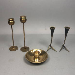 5pc Modernist Brass Tableware Lot. 1-2) Pr RENA R: 5pc Modernist Brass Tableware Lot. 1-2) Pr RENA ROSENTHAL candlesticks. 3)PL DK Danish 2pc brass candlesticks. 4-5) SKULTUNA bulbous candlesticks.-- Dimensions: H: 9 inches: W: 2.5 inches ---