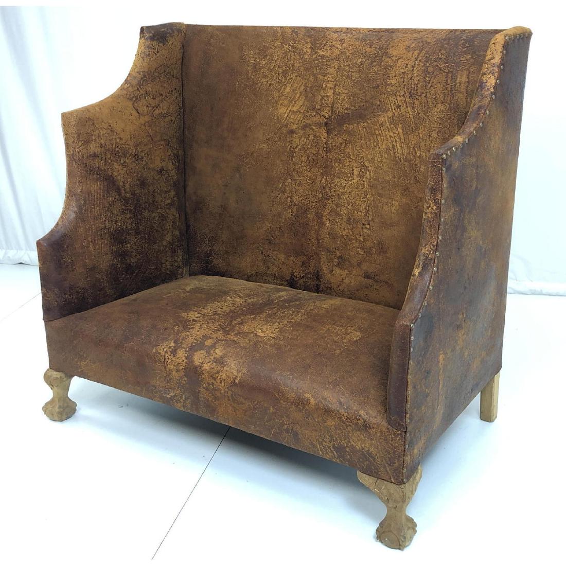 Leather Ball & Claw Foot Tall Back Settee. Brass (1 of 12)