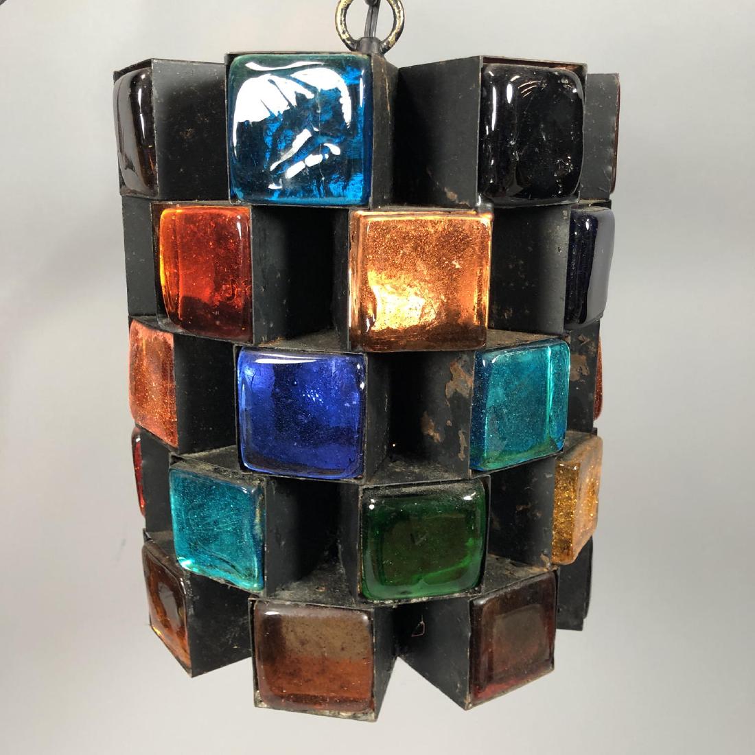 Mid Century Black Metal Art Glass Cubist Chandeli: Mid Century Black Metal Art Glass Cubist Chandelier. Hand blown multi color block prisms.-- Dimensions: H: 10.5 inches: W: 10 inches: D: 10 inches ---