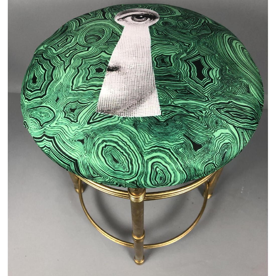 Modern Gold Metal Stool - Piero Fornasetti Style Fabric: Modern Gold Tone Metal Stool. Fornasetti style keyhole and malachite patterned fabric. Column legs with metal wrapped details.-- Dimensions: H: 18.5 inches: W: 15 inches: D: 15 inches ---