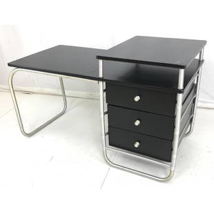 WARREN MacARTHUR Art Deco Desk. Black Painted woo: WARREN MacARTHUR Art Deco Desk. Black Painted wood top. Aluminum frame & pulls. Restored.-- Dimensions: H: 30 inches: W: 48 inches: D: 24 inches ---