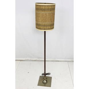 Mid Century Modern Walnut Floor Lamp. MARIA KIPP: Mid Century Modern Walnut Floor Lamp. MARIA KIPP custom woven lampshade. -- Dimensions: H: 60 inches: W: 11 inches: D: 11 inches ---