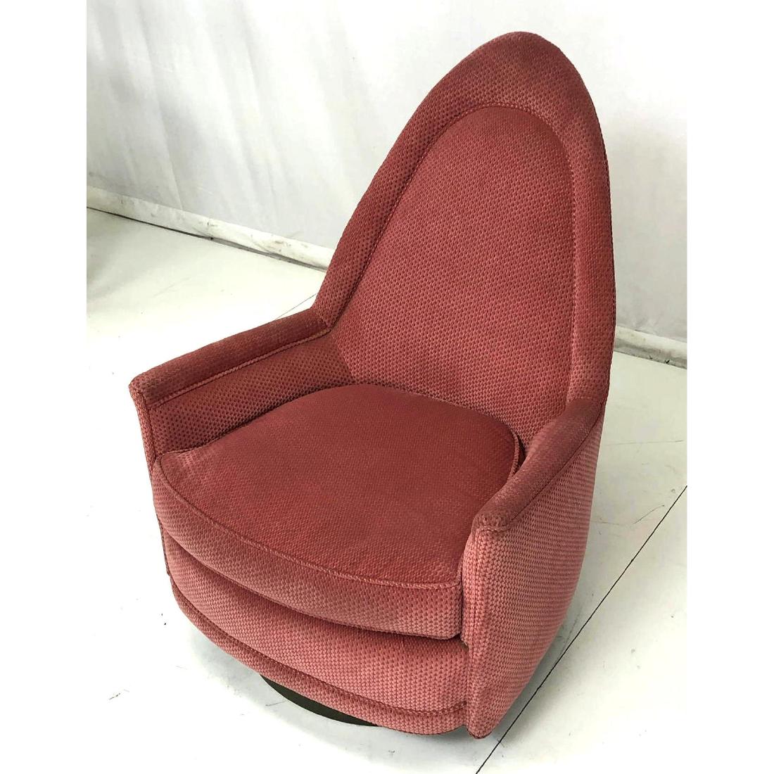 MILO BAUGHMAN Arch Top Swivel Lounge Chair. Moder: MILO BAUGHMAN Arch Top Swivel Lounge Chair. Modernist form with round wood platform base. Textured rose velvet upholstery. Not marked-- Dimensions: H: 36.5 inches: W: 37 inches: D: 27 inches ---