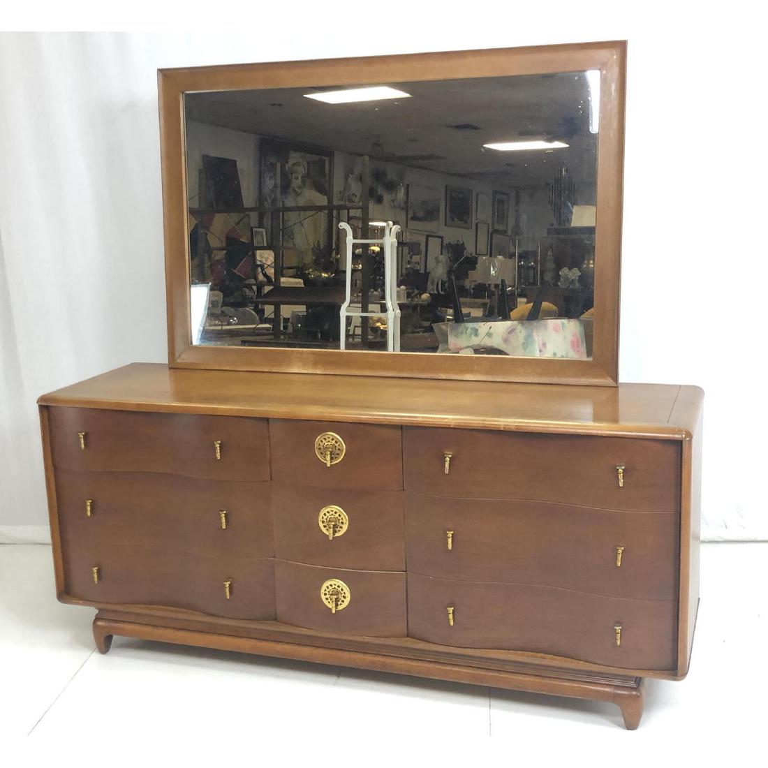 2pc KENT COFFEY Asian style Credenza Dresser & Mi: 2pc KENT COFFEY Asian style Credenza Dresser & Mirror. "The Penthouse". Serpentine front drawers. with brass plated metal drop pulls. Marked. -- Dimensions: H: 33 inches: W: 75 inches: D: 20 inches --