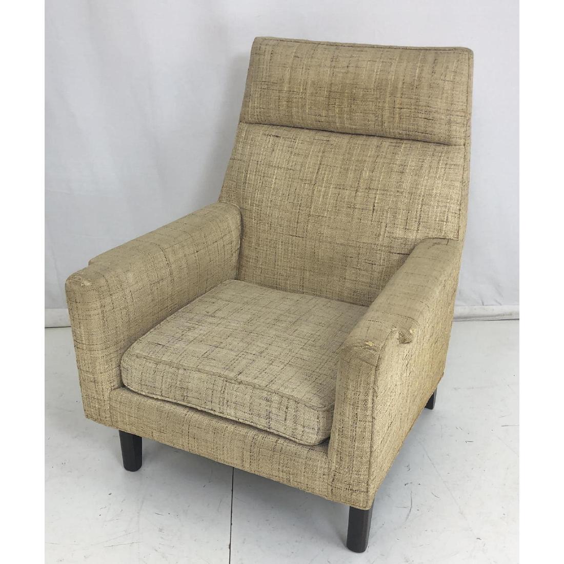 Mid Century DUNBAR Lounge Chair. Dark Wood Base w: Mid Century DUNBAR Lounge Chair. Dark Wood Base with Peg Legs. Cream Fabric. Flared Paddle Arms. Tapered Back. Paper label. -- Dimensions: H: 40 inches: W: 28 inches: D: 31 inches ---