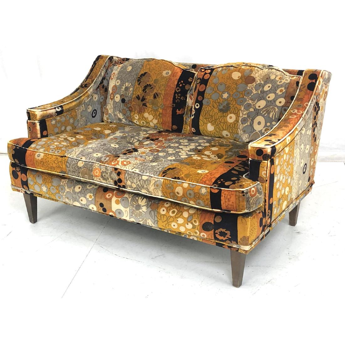 MURRAY TULIS Upholstered Love Seat. Jack Lenor La: MURRAY TULIS Upholstered Love Seat. Jack Lenor Larsen style colorful velvet fabric. Modernist square peg legs. -- Dimensions: H: 30 inches: W: 50 inches: D: 34 inches ---