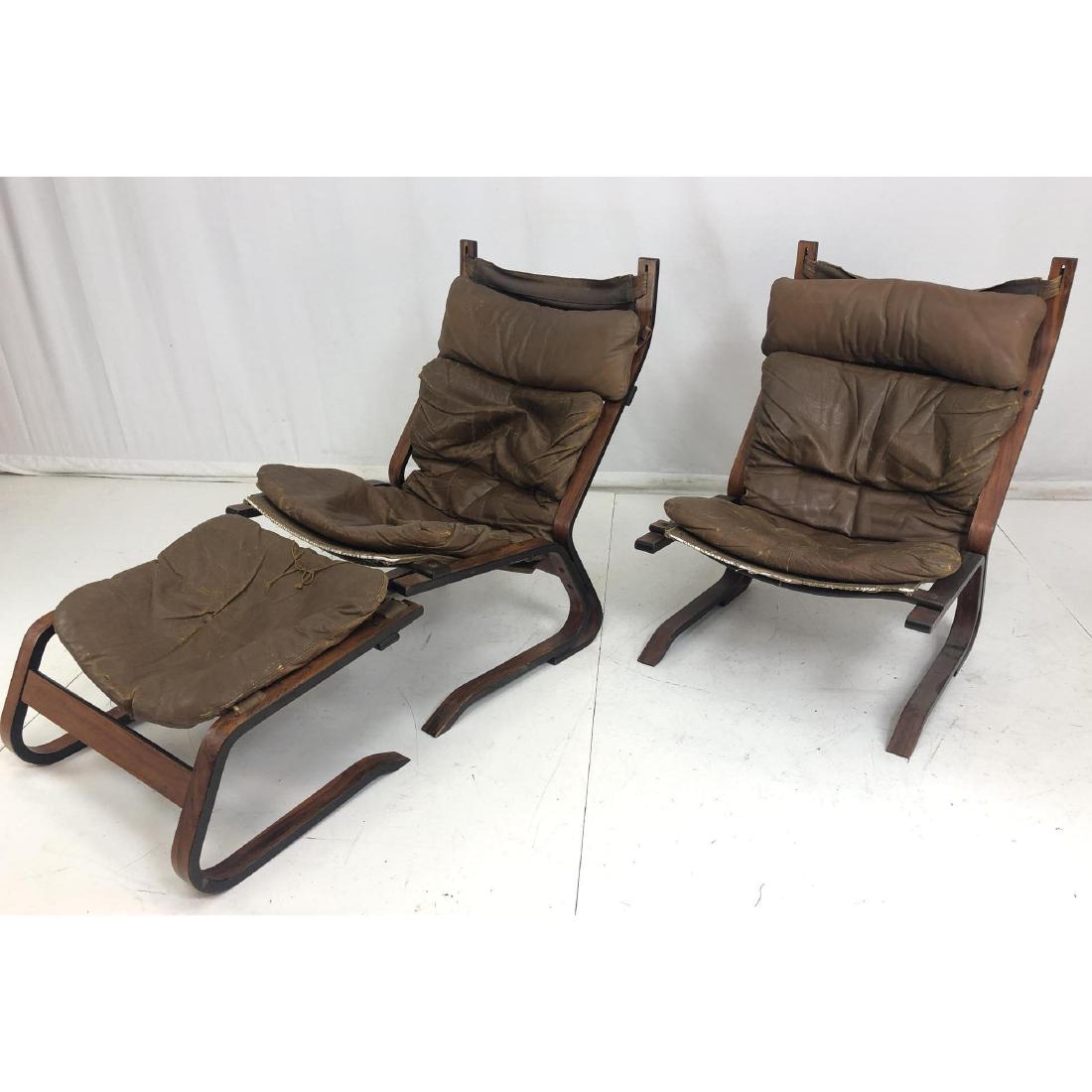 3pc RYKKEN of NORWAY Rosewood Lounge Chairs & Ott: 3pc RYKKEN of NORWAY Rosewood Lounge Chairs & Ottoman. Brown Leather on modernist frames. -- Dimensions: H: 37 inches: W: 27 inches: D: 29 inches ---