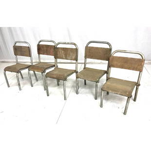 Set 5 WARREN MacARTHUR Stacking Childs' Chairs. B: Set 5 WARREN MacARTHUR Stacking Childs' Chairs. Bent wood seats & Aluminum frames. -- Dimensions: H: 26 inches: W: 16 inches: D: 15 inches ---