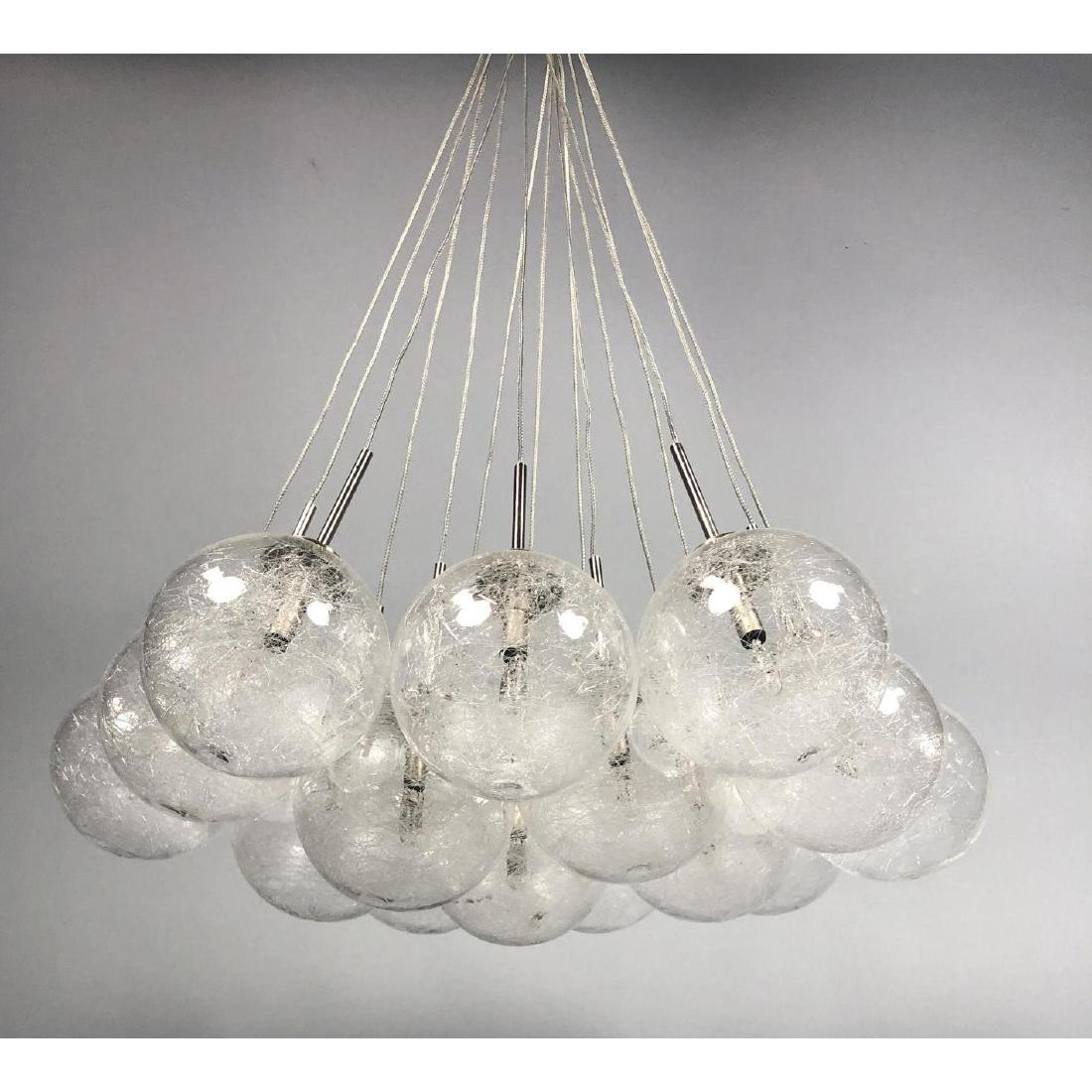 Modernist Hanging Pendant Chandelier. Plastic sph: Modernist Hanging Pendant Chandelier. Plastic spheres with metal spheres suspended from metal cables. -- Dimensions: H: 30.5 inches: W: 12 inches: D: 12 inches ---