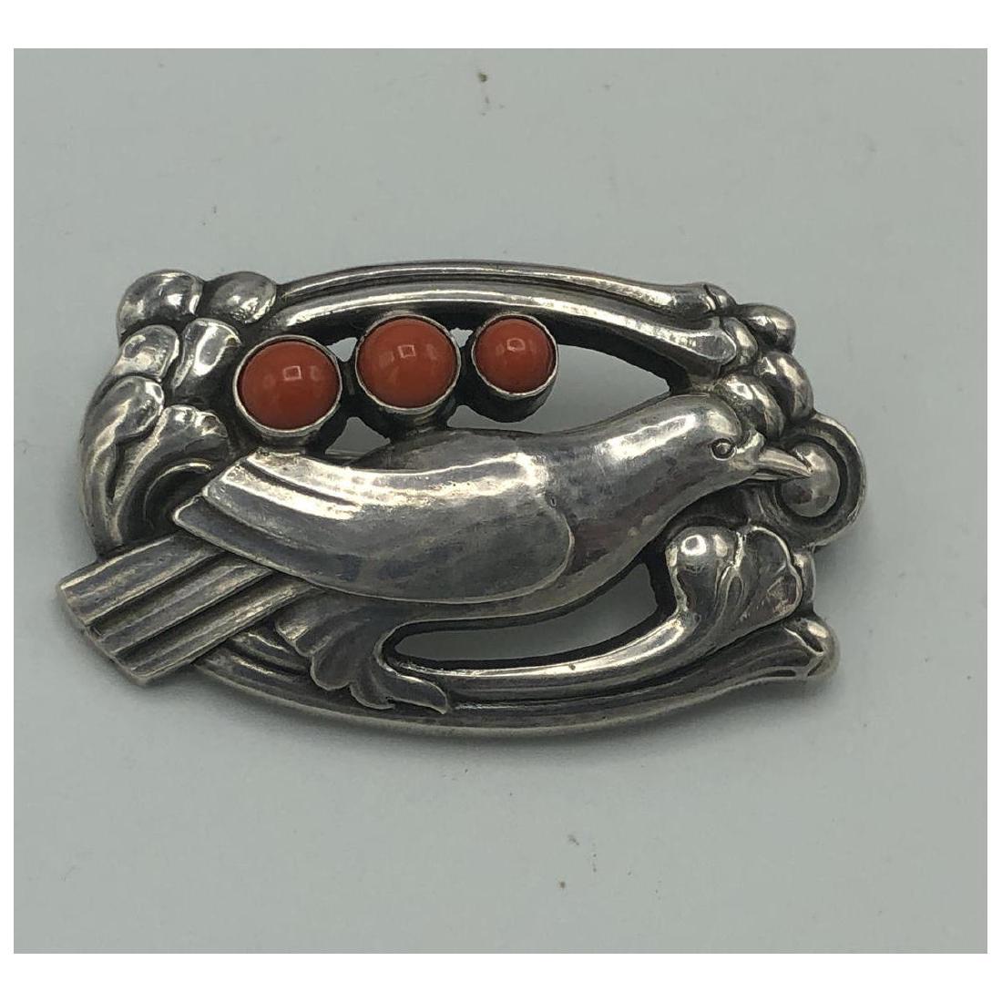 Georg Jensen Bird 187 Pin Brooch With Coral. Gj