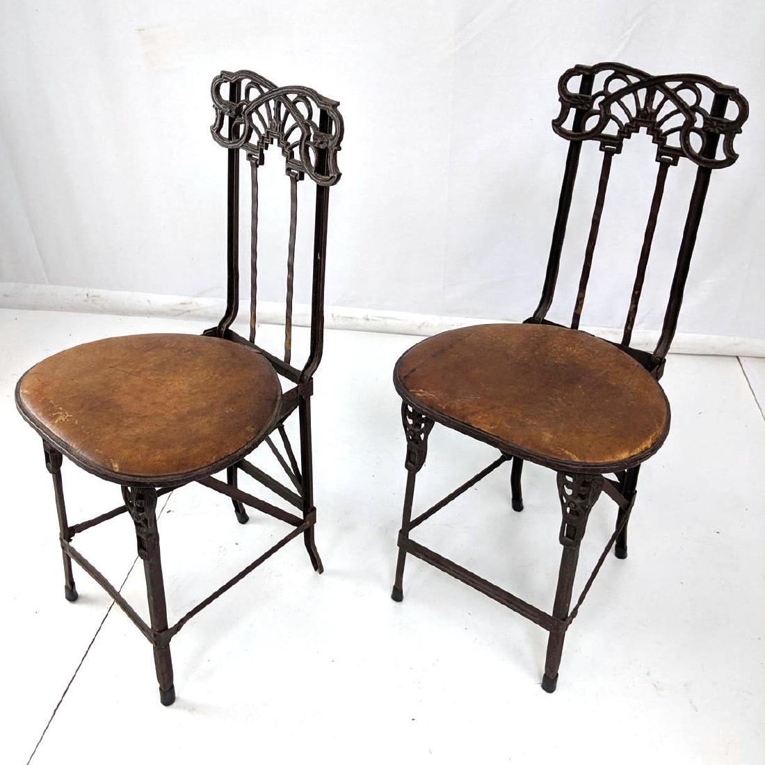 Pr Antique Iron Chairs. Art Nouveau.  Leather sea (1 of 10)