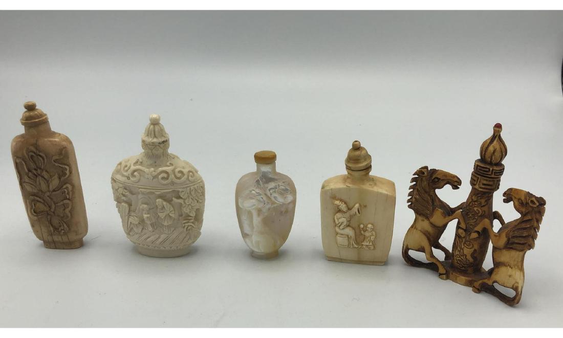 5 Asian Carved Snuff Bottles. One mother of pearl (1 of 8)