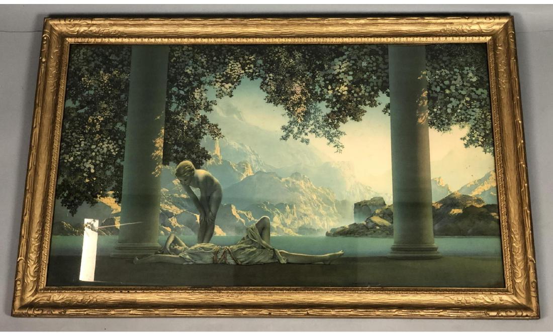 MAXFIELD PARRISH "Daybreak" Print. Vintage period: MAXFIELD PARRISH "Daybreak" Print. Vintage period frame. Marked Parrish & The House of Art New York. -- Dimensions: Image Size: H: 17.5 inches: W: 29.5 inches ---
