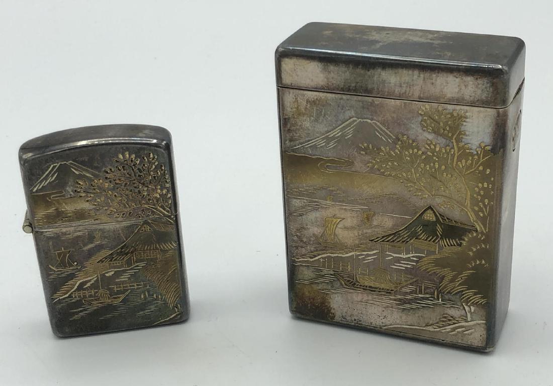 2pc Sterling Silver Asian Engraved Cigarette Case (1 of 9)