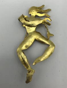 HERVE VAN DER STRAETEN Figural Dancer Pin. Expres: HERVE VAN DER STRAETEN Figural Dancer Pin. Expressive gilt metal designer pin. Marked.-- Dimensions: H: 2.75 inches: W: 1.5 inches --- US Shipping charge: $20