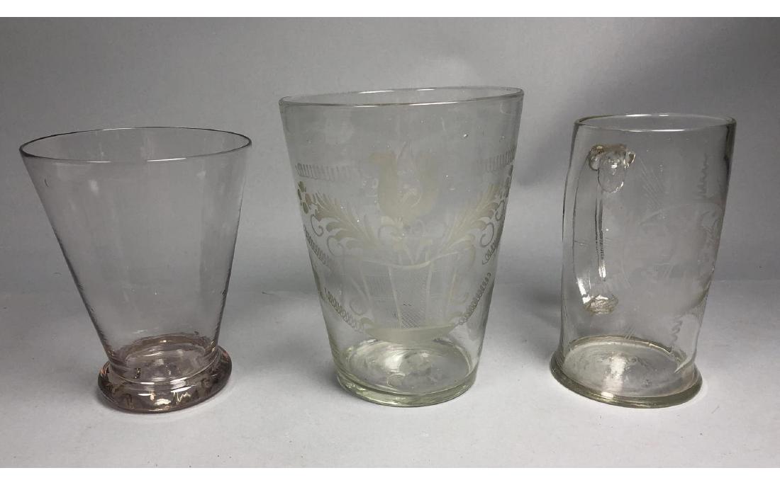 3pc Early Etched Glass Vessels. Tankard mug with (1 of 12)