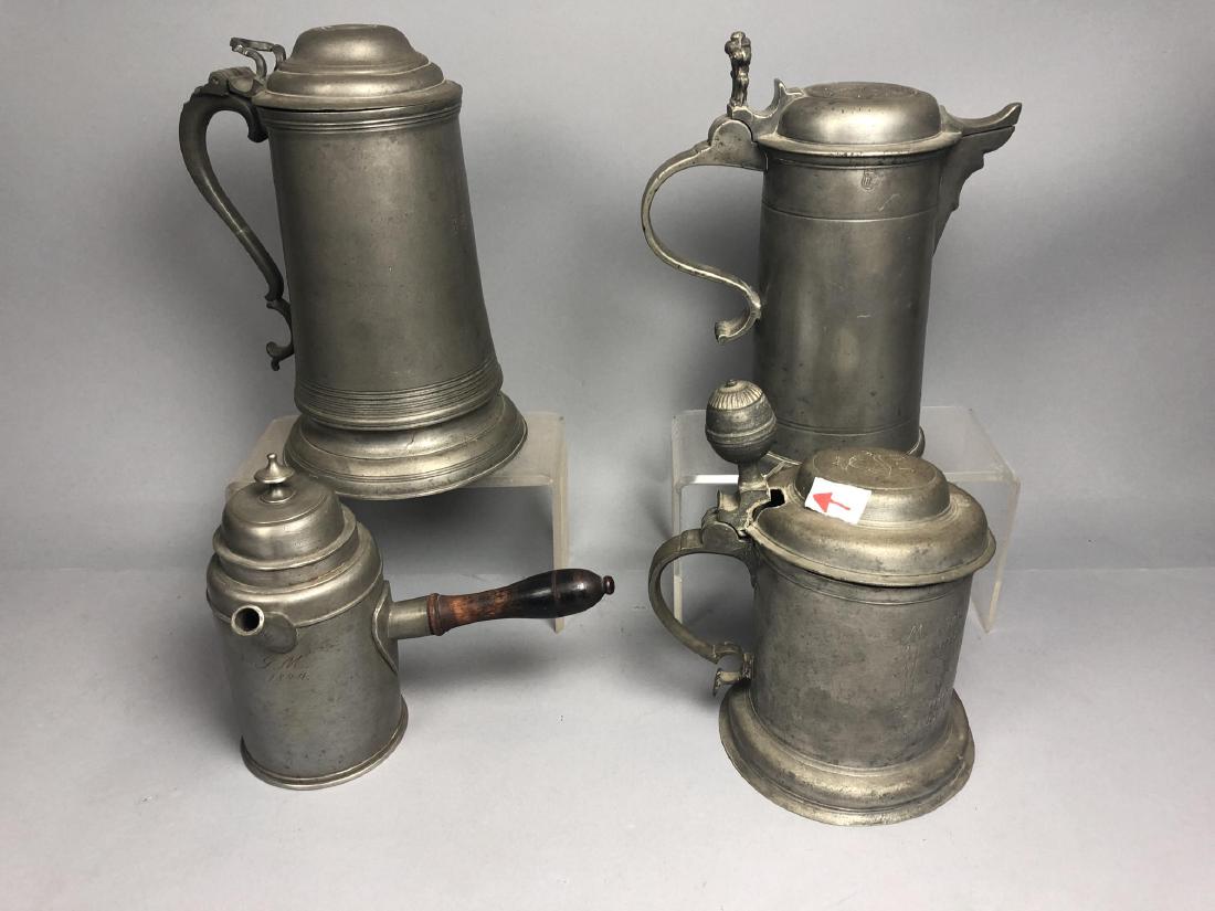 4 Antique Hinge Lidded Pewter Tankards Steins. 1) (1 of 15)
