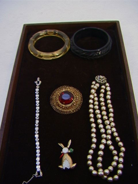 Costume Jewelry Lot. Miriam Haskell Necklace, Bake: Costume Jewelry Lot. Miriam Haskell Necklace, Bakelite Bangle, Mazer Bracelet and Pin, Austria Pin. Dimensions: Condition: Very Good Condition. US Shipping charge: $7 Not e