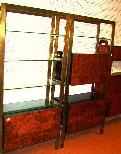 Pr JOHN STUART Burl Wood Front Brass Shelf Units C: Pr JOHN STUART Burl Wood Front Brass Shelf Units Cabinets. Heavy brass framed units with Glass Shelves and Burled Wood Cabinets. Mkd JOHN STUART INC. 2 PCS. Dimensions: H: 84 inches: W: 39.5 inches: D