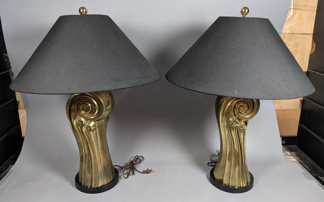Pair of decorator modernist brass lamps. Scroll w (1 of 8)