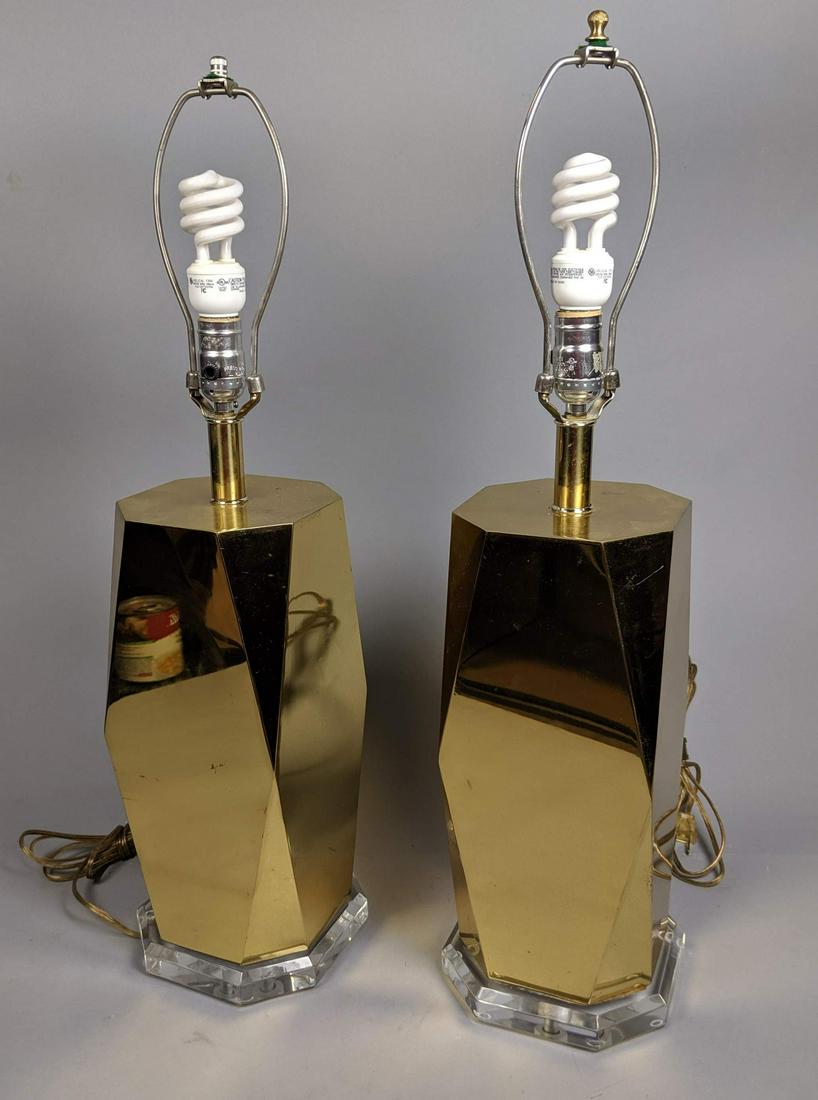 Pair Brass Geometric Modernist Table Lamps. Facet (1 of 8)