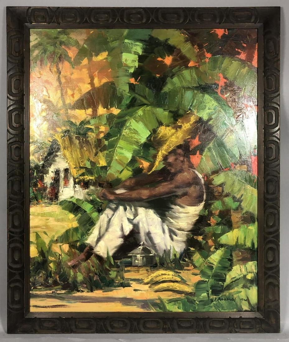 J. ADAMOS modernist impressionist tropical oil pa: J. ADAMOS modernist impressionist tropical oil painting. young man with straw hat resting under shade palms. "Siesta". Signed J Adamos. Dated 1966. Oil on canvas with decorative carved wood frame-- Di
