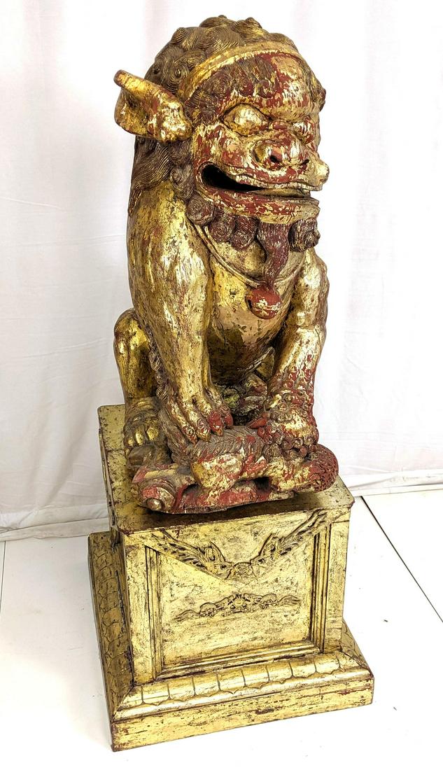62" Large Gilt Carved Wood Temple Foo Dog. Large (1 of 13)
