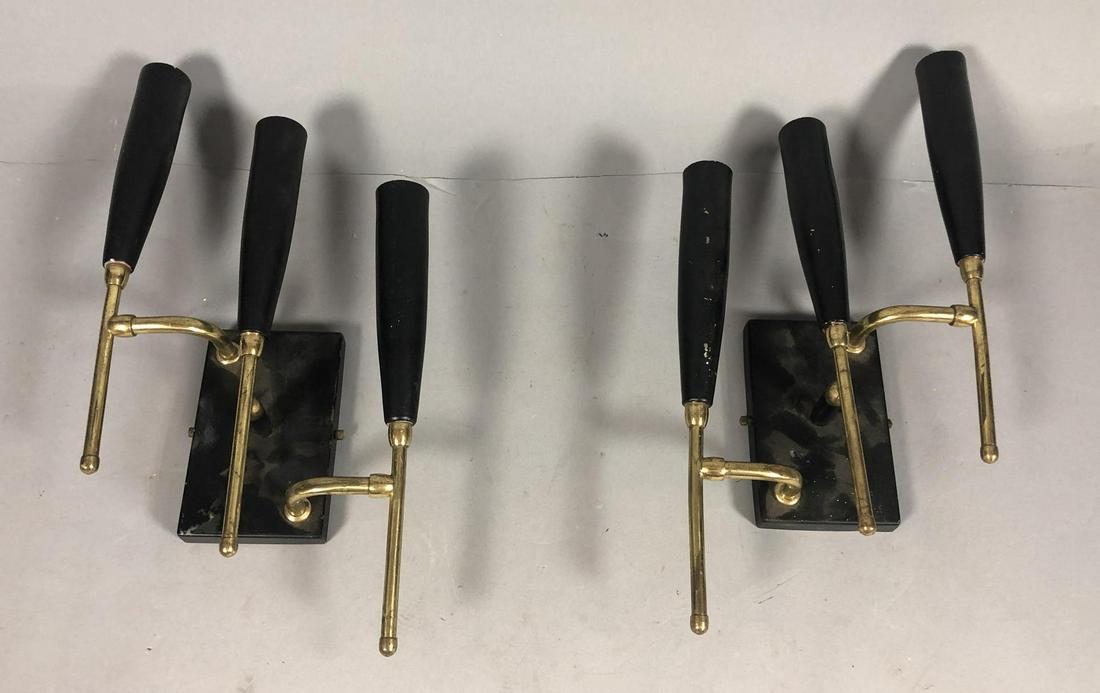 Pr Modernist Black and Brass 3 Arm Wall Sconces. (1 of 12)