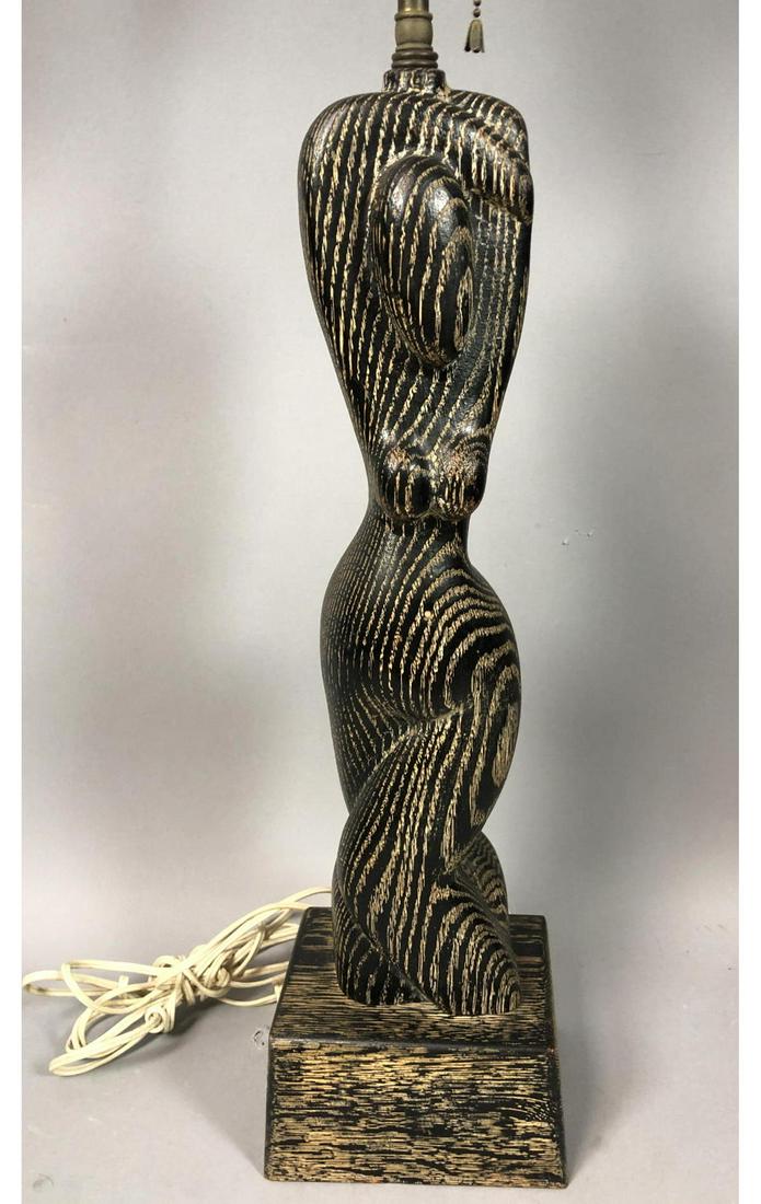 Lined Oak Heifetz Style Table Lamp. Stylish Moder: Lined Oak Heifetz Style Table Lamp. Stylish Modernist Female Nude with Raised Arms. Ebonized Wood with Lined Finish. Not signed.-- Dimensions: H: 37 inches: W: 6.5 inches: D: 4.5 inches ---