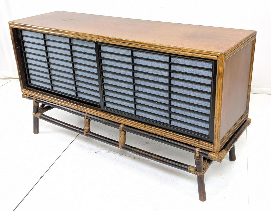 FICKS REED Mid-Century Credenza Sideboard. Black: FICKS REED Mid-Century Credenza Sideboard. Black Louver Doors with Light Blue Fabric Raised on Bamboo Base with Wrapped Details. -- Dimensions: H: 33.25 inches: W: 61 inches: D: 20 inches ---