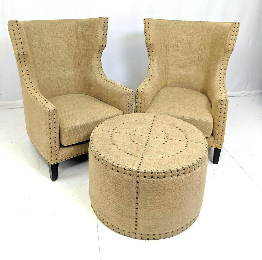 3pc RESTORATION HARDWARE Burlap Chairs, Ottoman. (1 of 15)