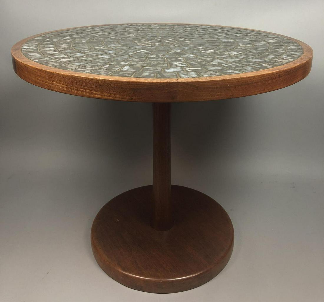 Mid Century Martz Tile Top Circular End Table. Wa: Mid Century Martz Tile Top Circular End Table. Walnut with inset dark blue tiles. Occasional table. MARSHALL STUDIOS.-- Dimensions: H: 20 inches: W: 24 inches: D: 24 inches ---