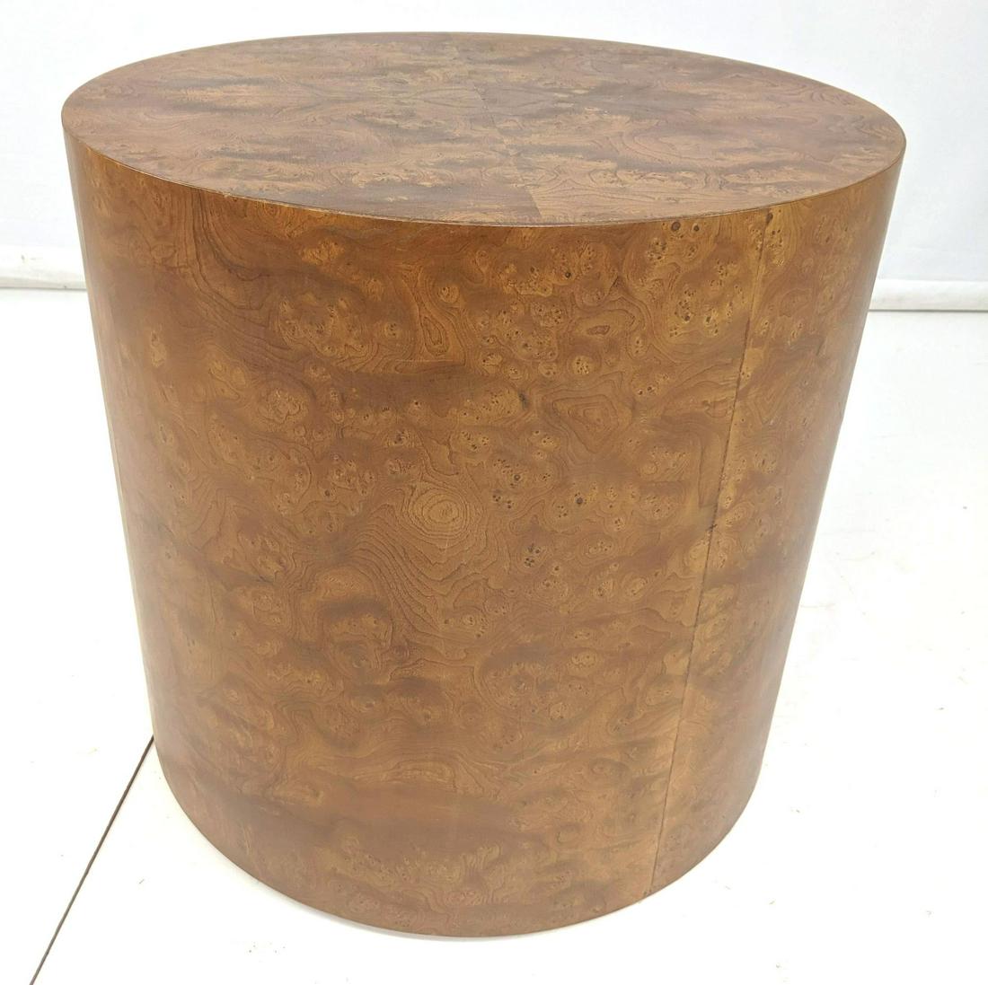 Burl Wood Baughman Style Cylindrical End Table.: Burl Wood Baughman Style Cylindrical End Table.-- Dimensions: H: 22 inches: W: 22 inches: D: 22 inches ---