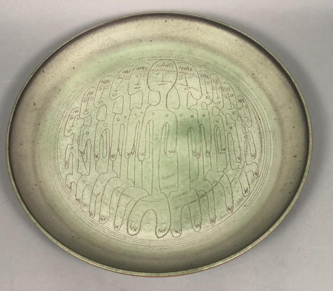 Edwin and Mary Scheier Pottery Charger with Figu: Edwin and Mary Scheier Pottery Charger with Figures. Mid Century Pottery Charger SCHEIER. Abstract figure design. Signed.-- Dimensions: H: 1.5 inches: W: 14.5 inches: D: 14.5 inches ---