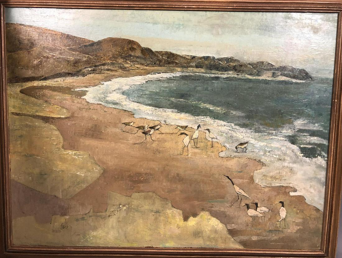 ELLIS Beach scene with birds. Oil on Canvas. Sign (1 of 9)