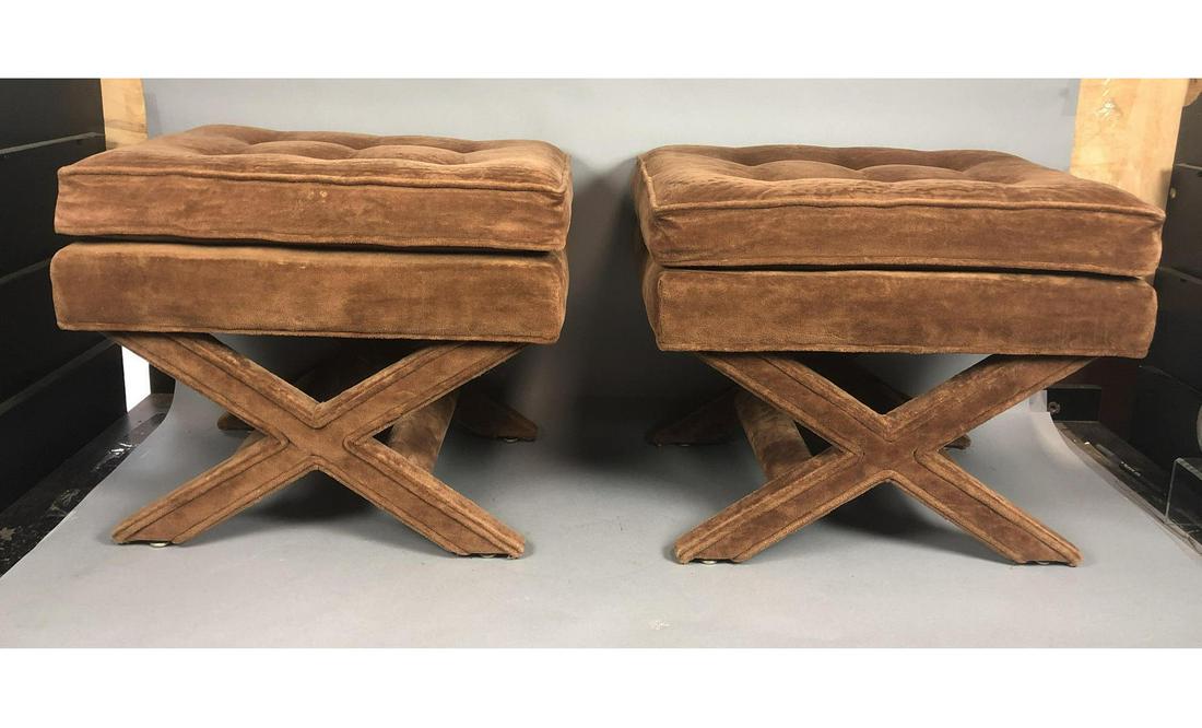 Pr Caramel Velvet Tufted Bench Stools. X base. Co (1 of 9)