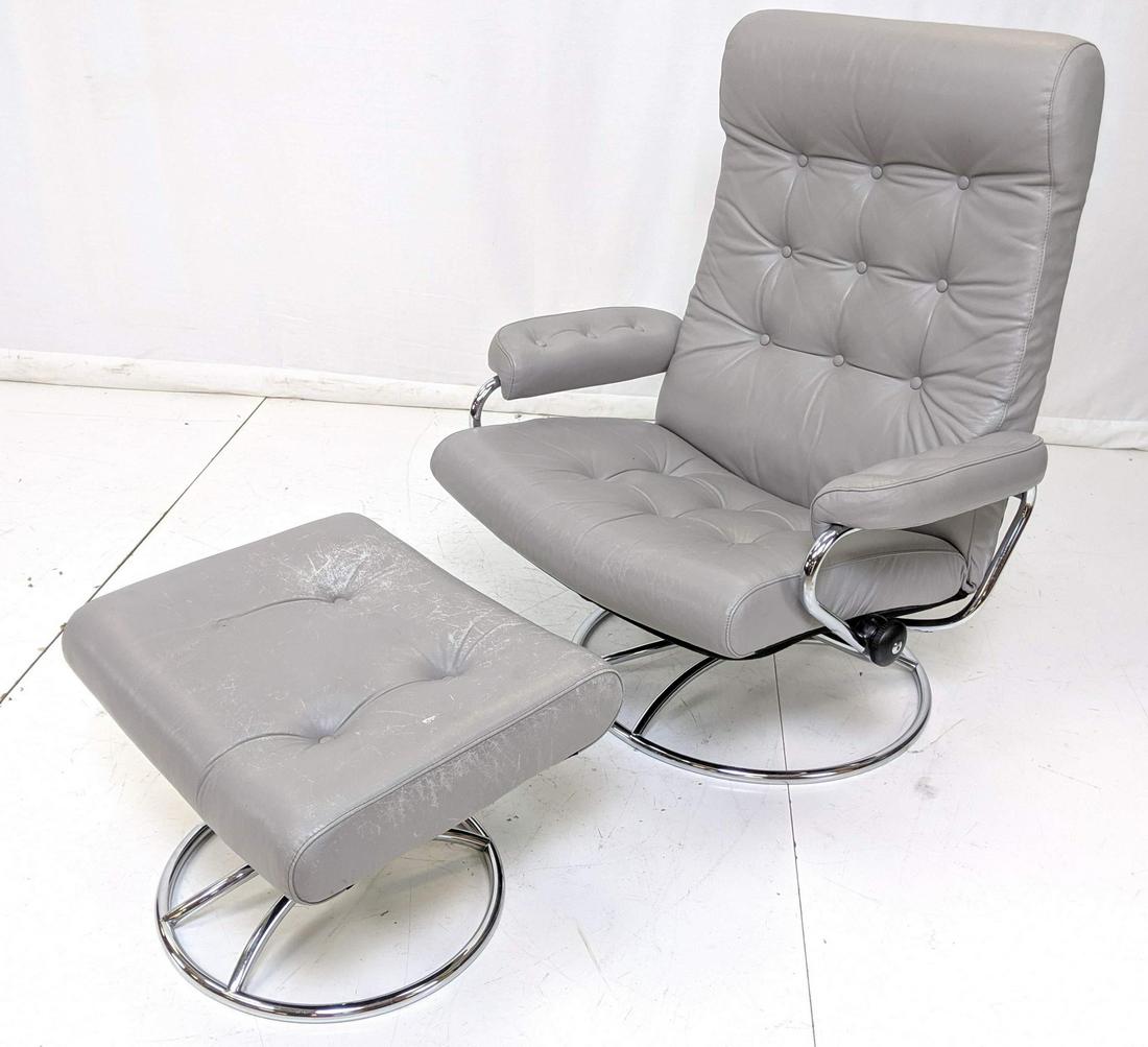 EKORNES Gray Leather Chrome Recliner Chair & Ottoman (1 of 8)