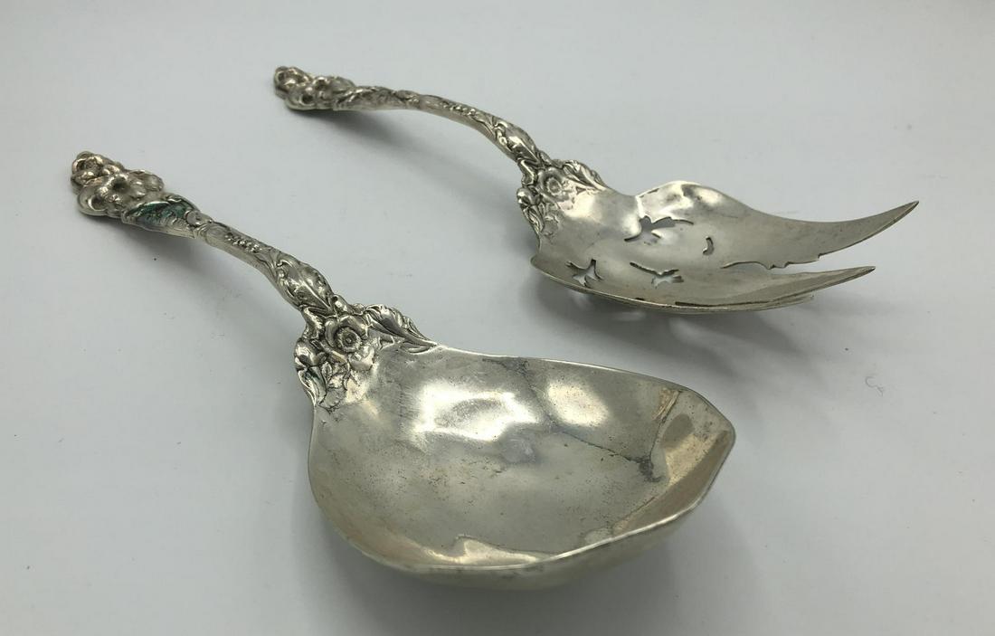 Pr Sterling Silver Heavy Serving Fork & Spoon. Fl (1 of 10)