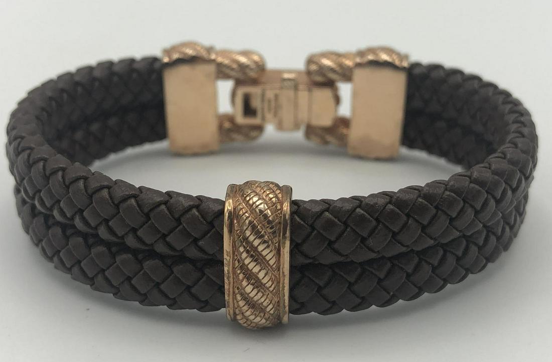 JUDITH RIPKA Rose Gold Vermeil CZ Bracelet. Doubl: JUDITH RIPKA Rose Gold Vermeil CZ Bracelet. Double Woven Brown Bands. Vermeil Sterling Cable Clasp with Square CZs. Marked. -- Dimensions: --- US Shipping charge: $15