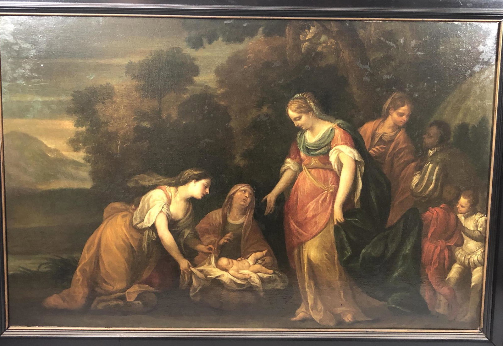 CARLETTO CALIARI; Sohn, Schuler und Mitarbeiter d: CARLETTO CALIARI; Sohn, Schuler und Mitarbeiter des Paolo Veronese. "DIE FINDUNG MOSIS" Renaissance Painting "The Finding of Moses" Oil on Canvas -- Dimensions: Image Size: H: 24 inches: W: 37.25 inch