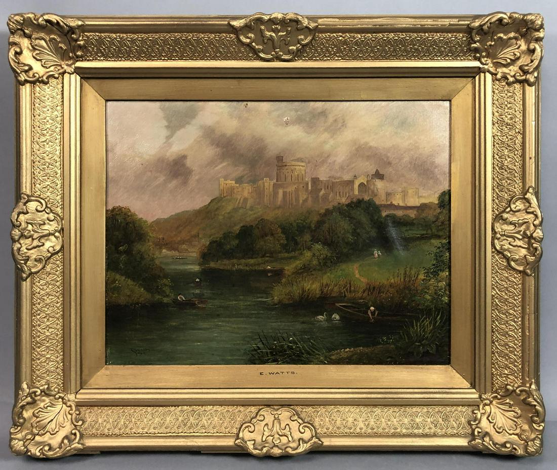 E WATTS Oil Painting. "Castle by the River" Engla (1 of 12)