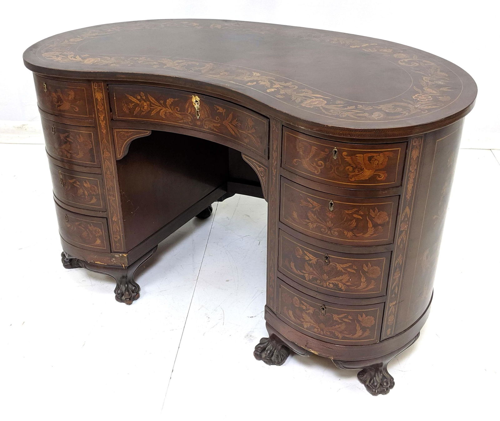 Antique Inlaid Knee Hole Desk with Paw Feet. Exte (1 of 19)