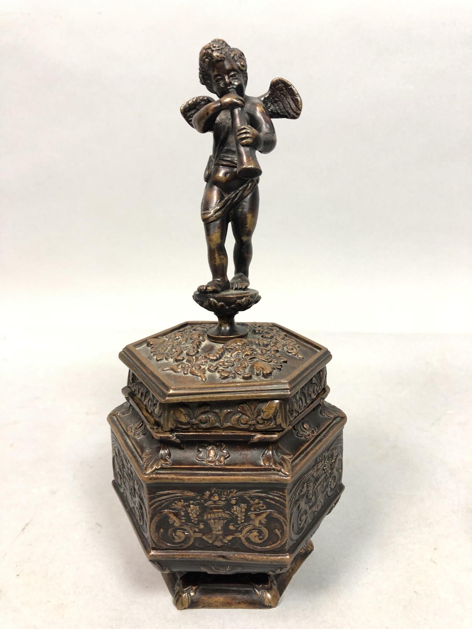 Bronze Figural Lidded Box w Cherub. (1 of 13)