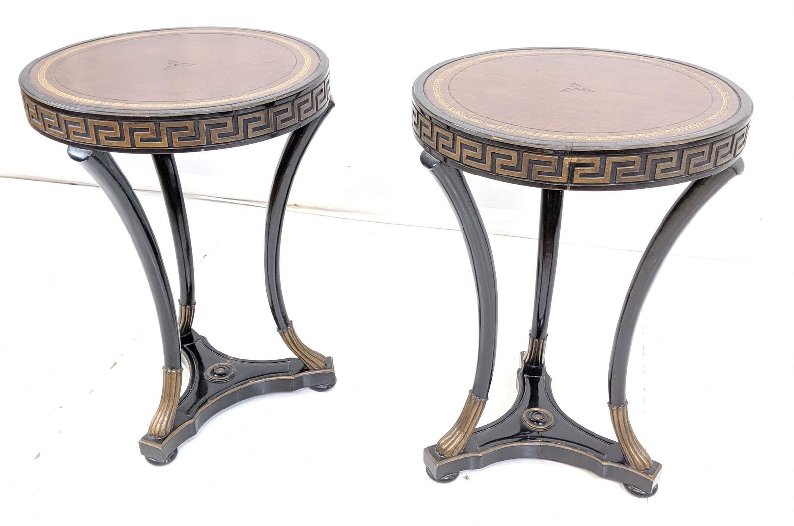 Pr Ebonized Leather Top Round Tables. Greek key d (1 of 10)