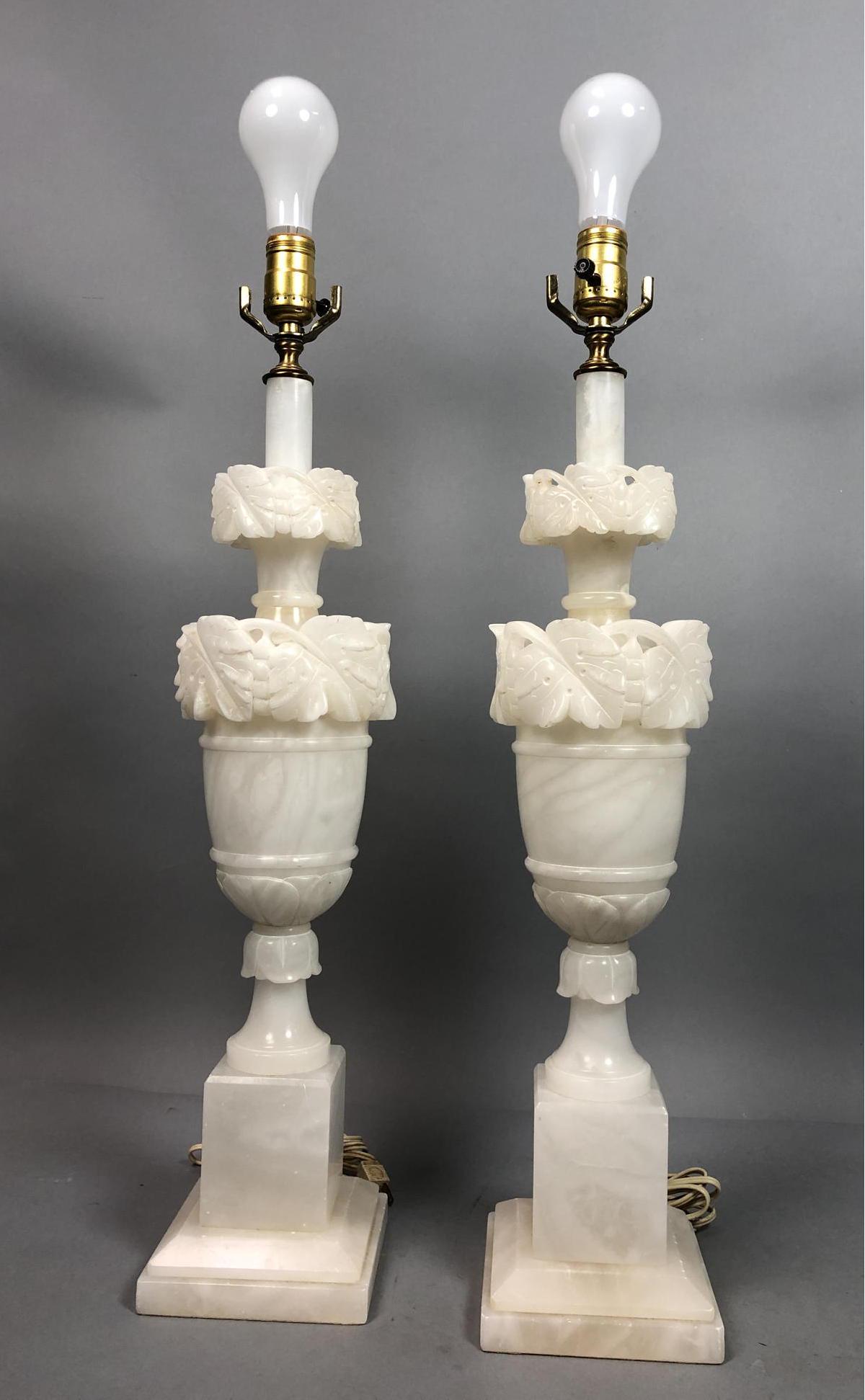 Pr Large White Alabaster Table Lamps. Carved leaf (1 of 13)