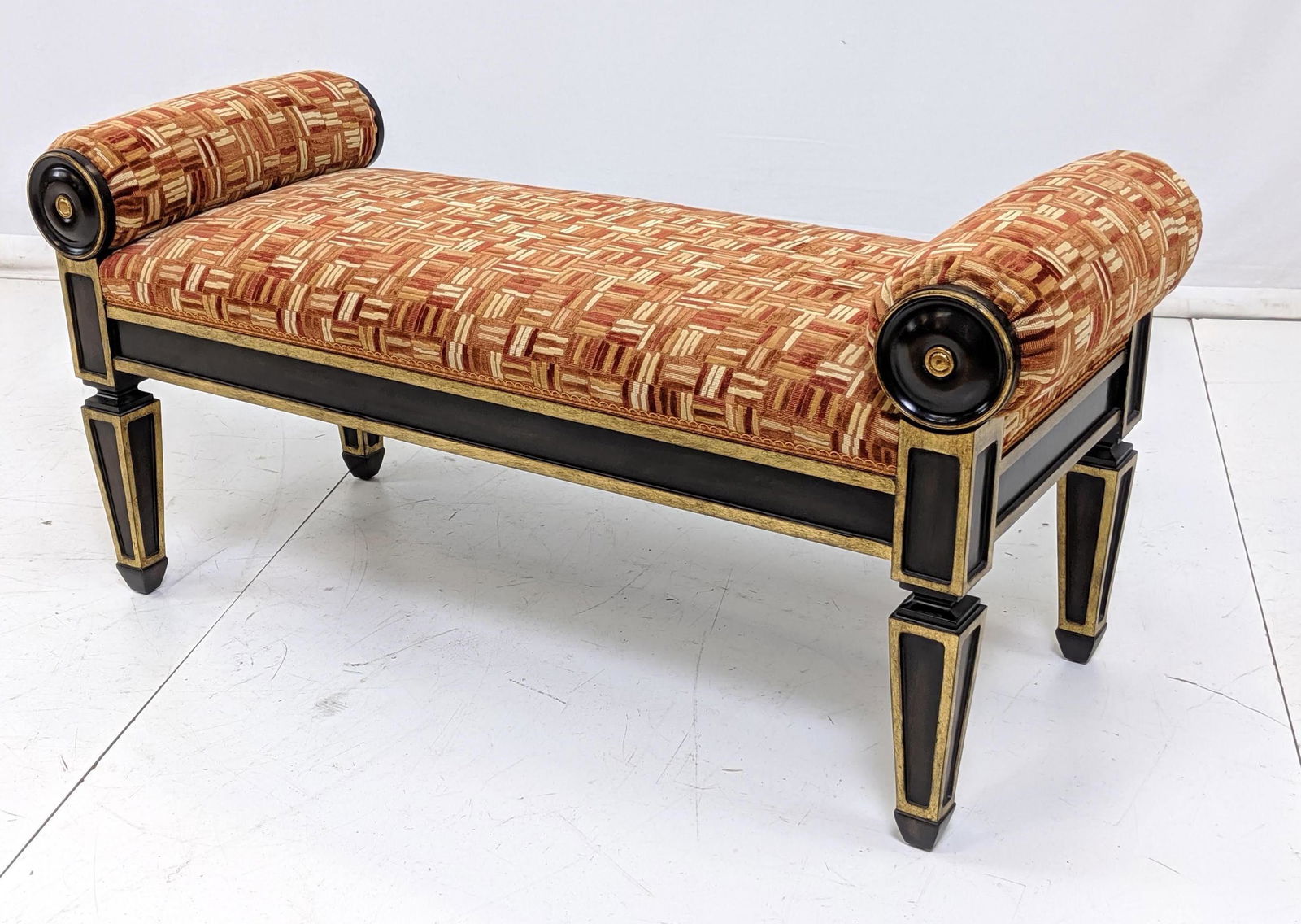 Vintage Decorator Black & Gold Gilt Bench. Cylind (1 of 8)