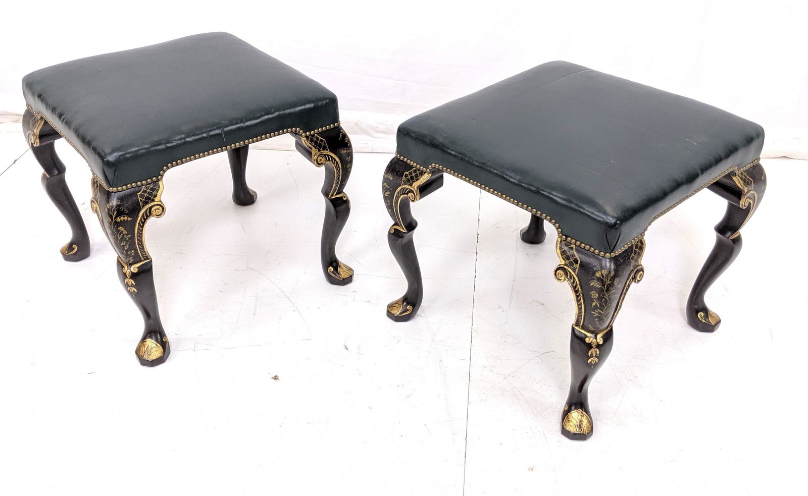 Pr Leather Top Black & Gold Gilt Stools, Ottomans (1 of 7)