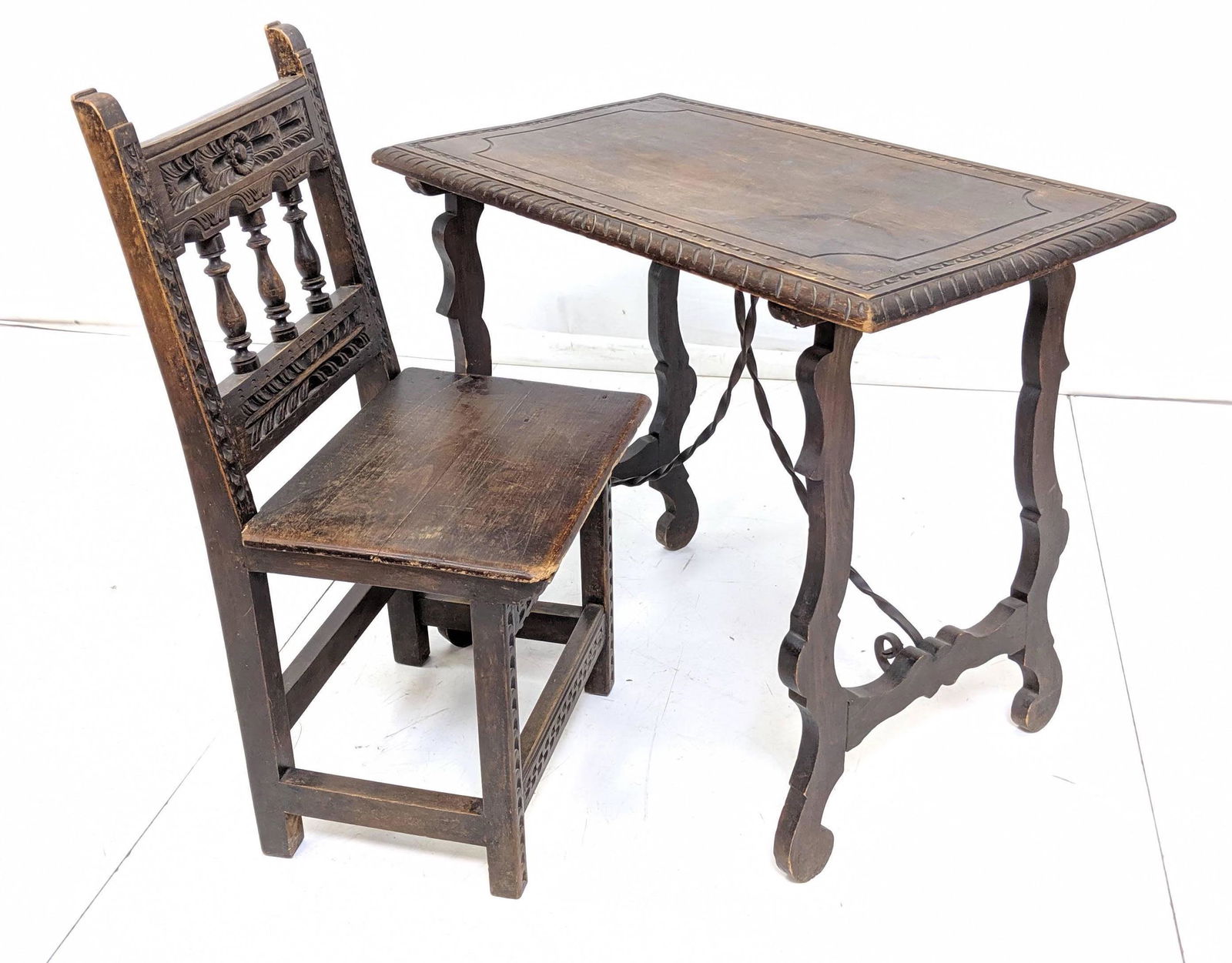 2pc Antique Writing Table and Chair. Chair with c (1 of 16)