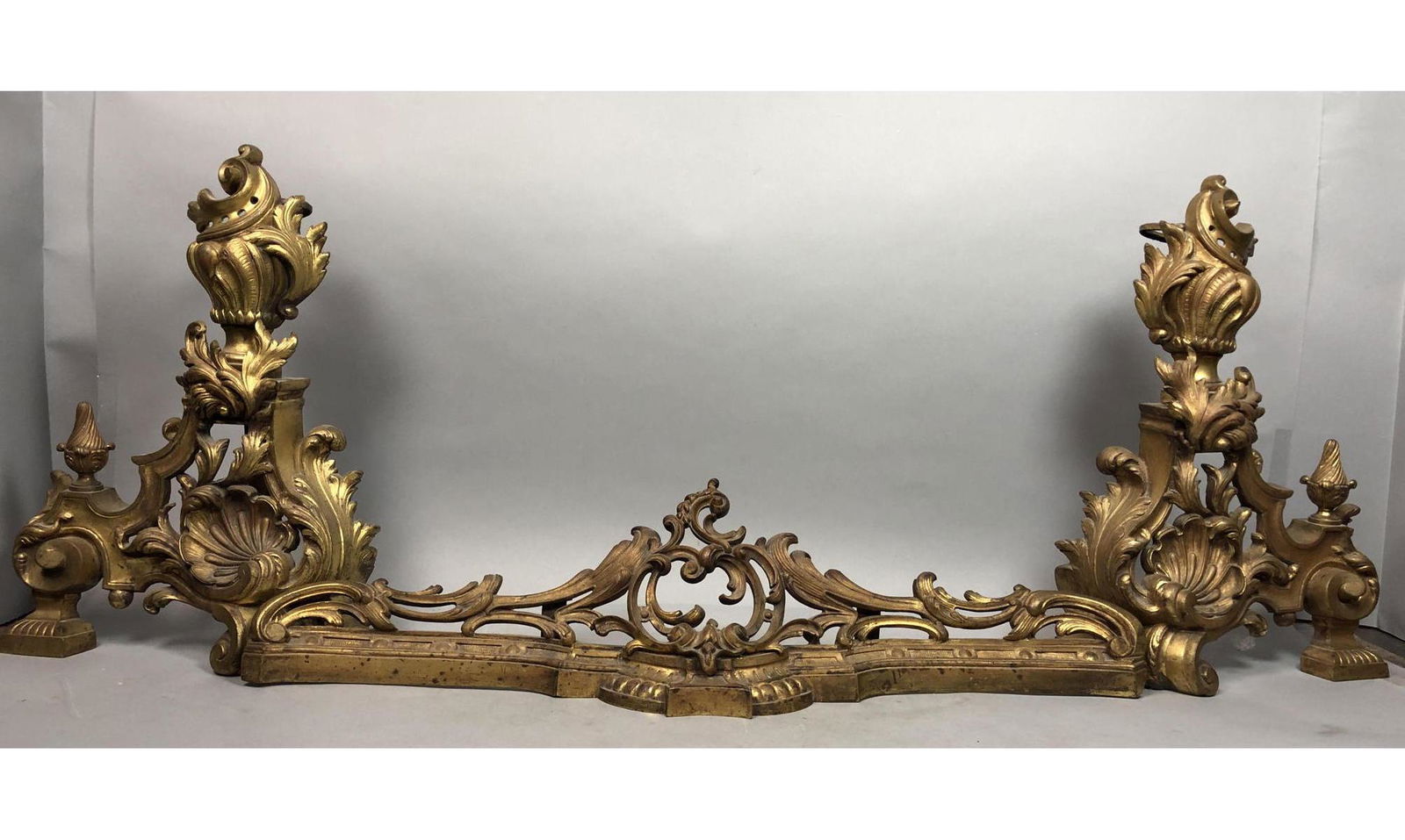 3pc Brass Fireplace Set. 2 Andirons and bottom pl (1 of 16)