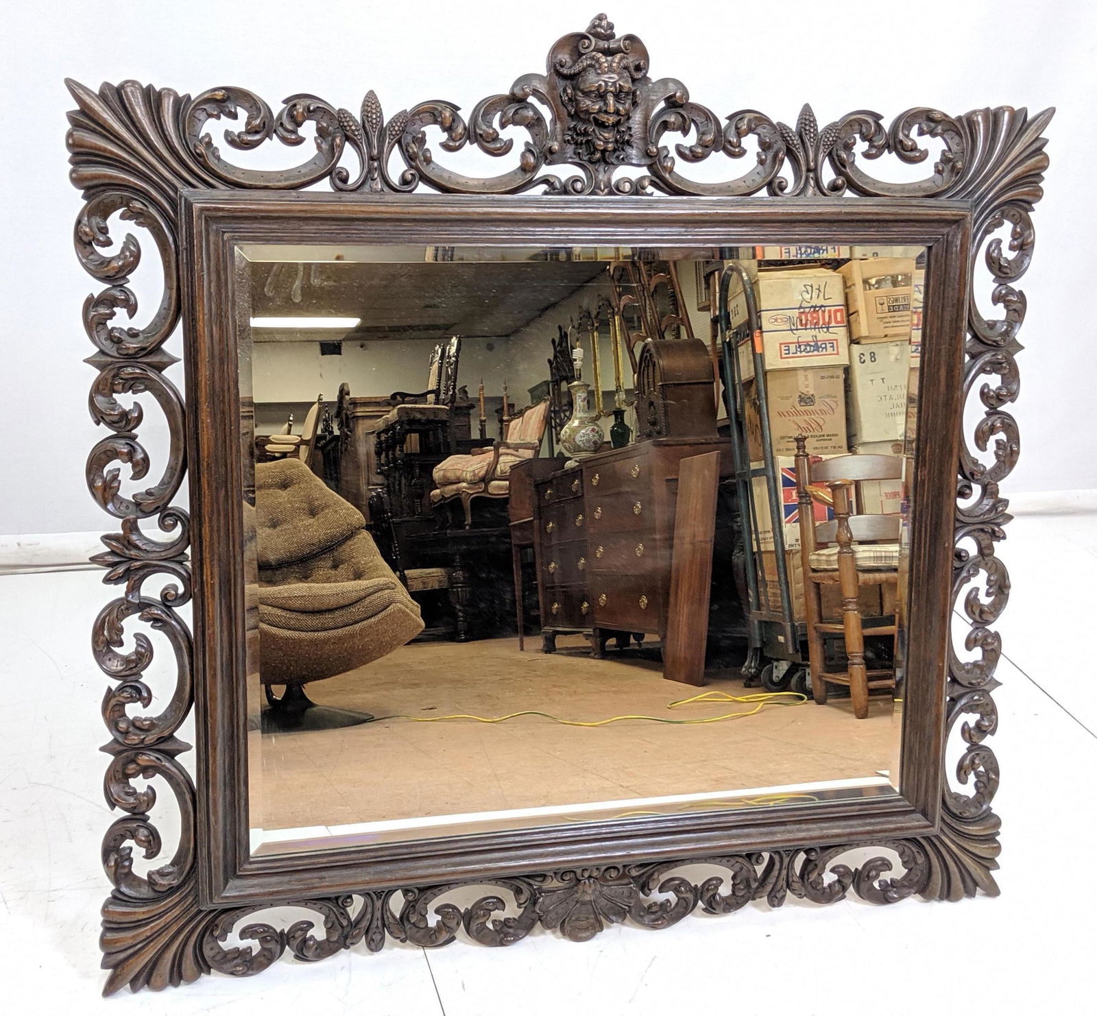 Antique Carved Wood Mirror Horned Demon Face . 4" (1 of 9)